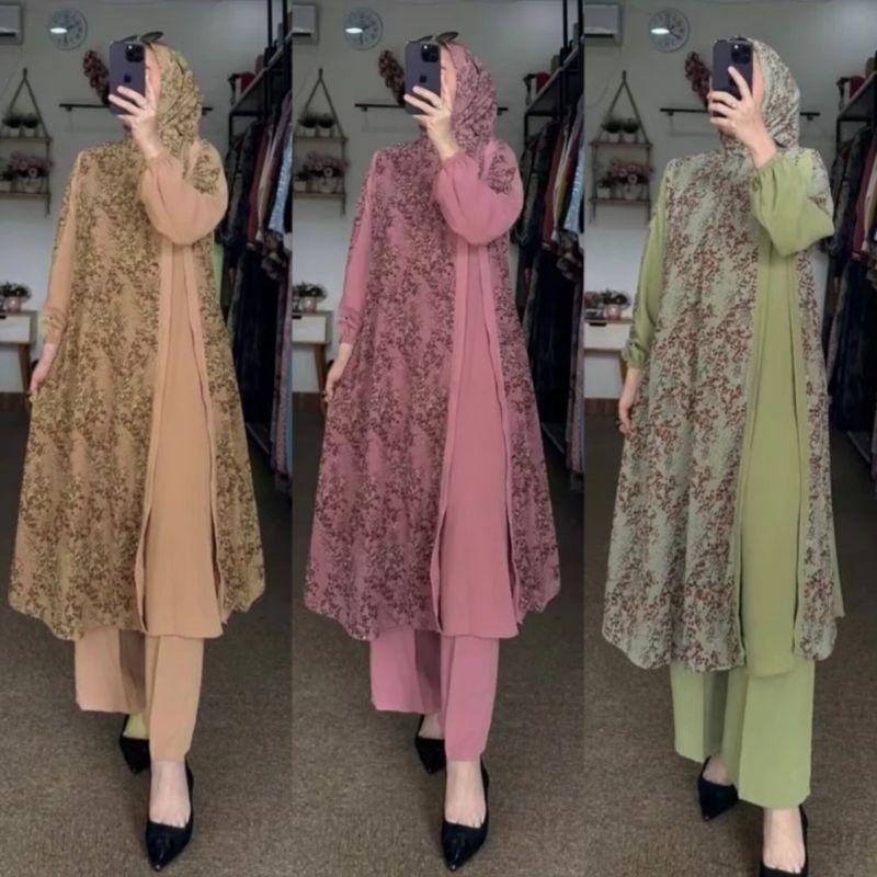 (Bisa COD) Setelan 3in1 Tunik Ceruty Premium Free Hijab/Oneset Busana Pesta/Baju Kondangan Muslimah