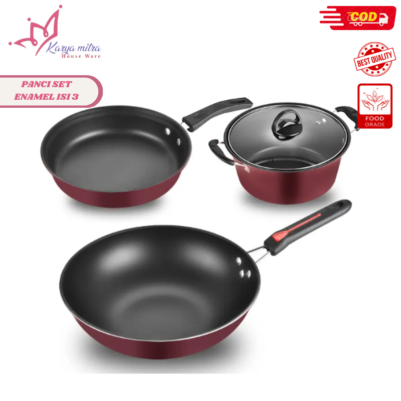 Panci Set Enamel Isi 3pcs/Panci Fry Pan Wok Pan Penggorengan