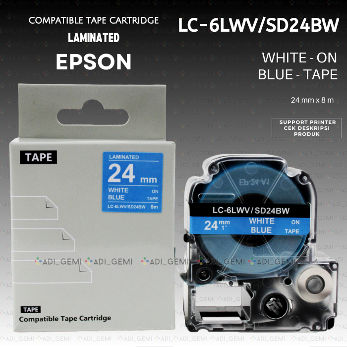 

Compatible TAPE Cartridge EPSON LC-6LWV SD24BW WHITE ON BLUE 24MM X 8M