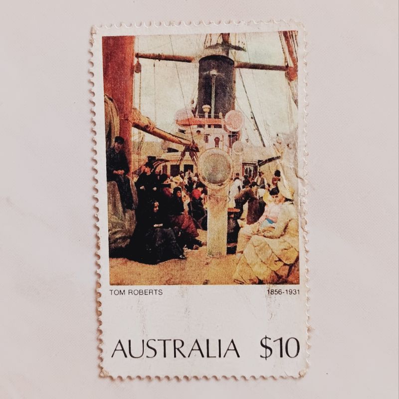 

(AA) Perangko Australia 1977 Paintings - Coming South by Tom Roberts (cream paper 10 dollar Used