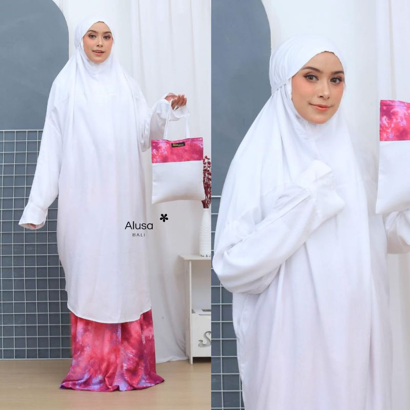Mukena Bali Alusa Berlengan HDM White Smoke Series Magenta