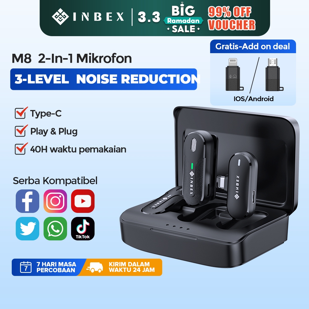 [LIVE]INBEX M8 Wireless Microphone Nirkabel Mic Clip on Lavalier Microphone Bluetooth