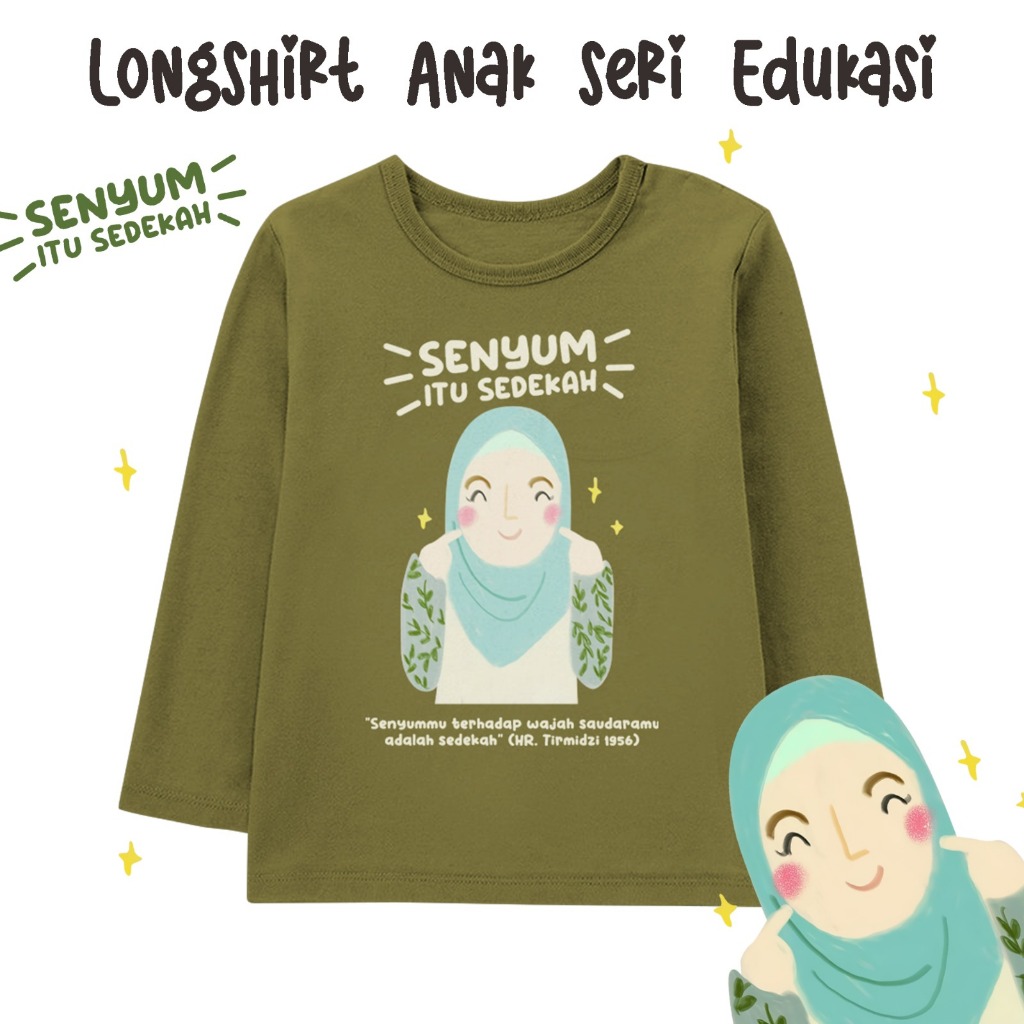 Kaos Anak Perempuan Lengan Panjang Motif Edukasi Warna Olive