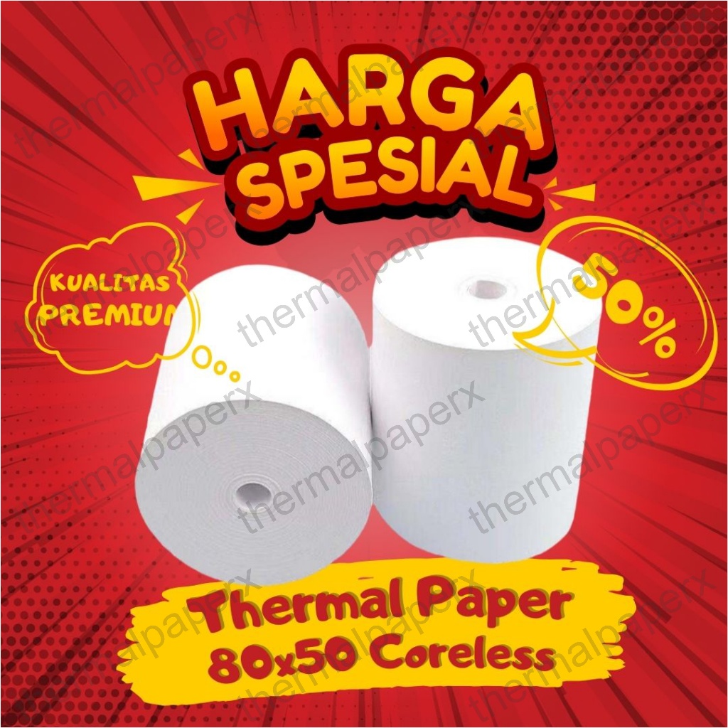 

KERTAS THERMAL STRUK KASIR / PPOB PAPER ROLL 80X50 CORELESS TERMAL POS RECEIPT MINI PRINTER BLUETOOTH 80MM 80X50MM PANDA VSC EPPOS IWARE CORELESS TANPA CORE