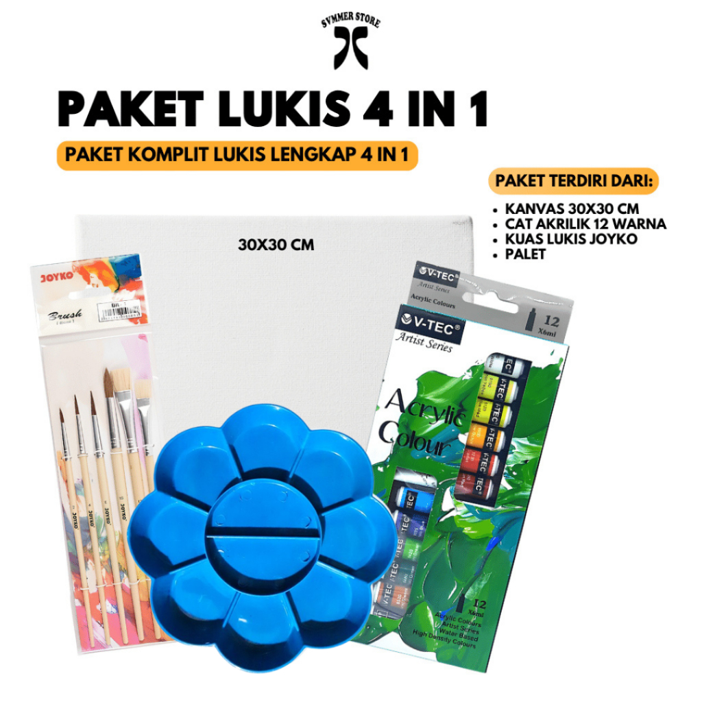 

Paket Melukis Sekolah Alat Lukis 4 IN 1 Kanvas 30X30 30x40 / Cat Akrilik / Palet / Kuas Set Joyko- Svmmerink