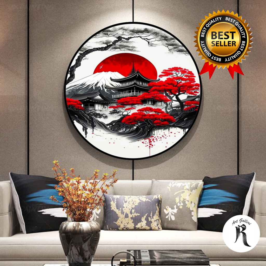 Lukisan kanvas bulat pohon nuanssa jepang - lukisan jepang - lukisan pohon