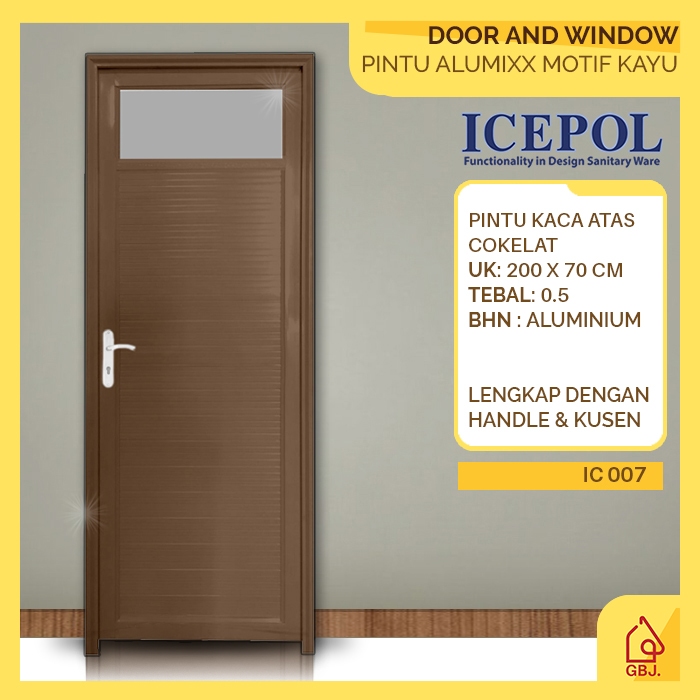 PINTU ALUMINIUM KACA ATAS COKLAT ICEPOL 200X70 + KUSEN + HANDLE