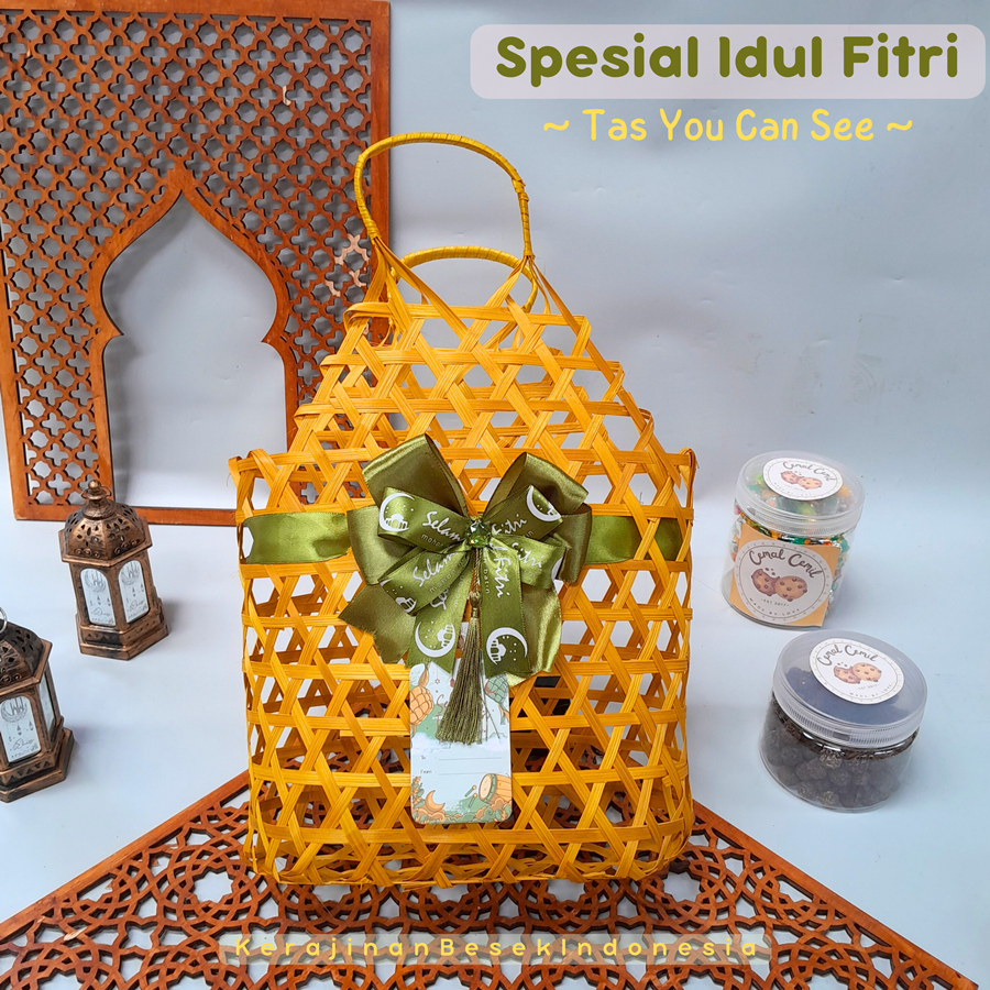 

GOODIE BAG HAMPERS LEBARAN BANYAK HIASAN FREE TAG Tas you can see besar warna pita Parsel Bingkisan toples idul fitri murah unik