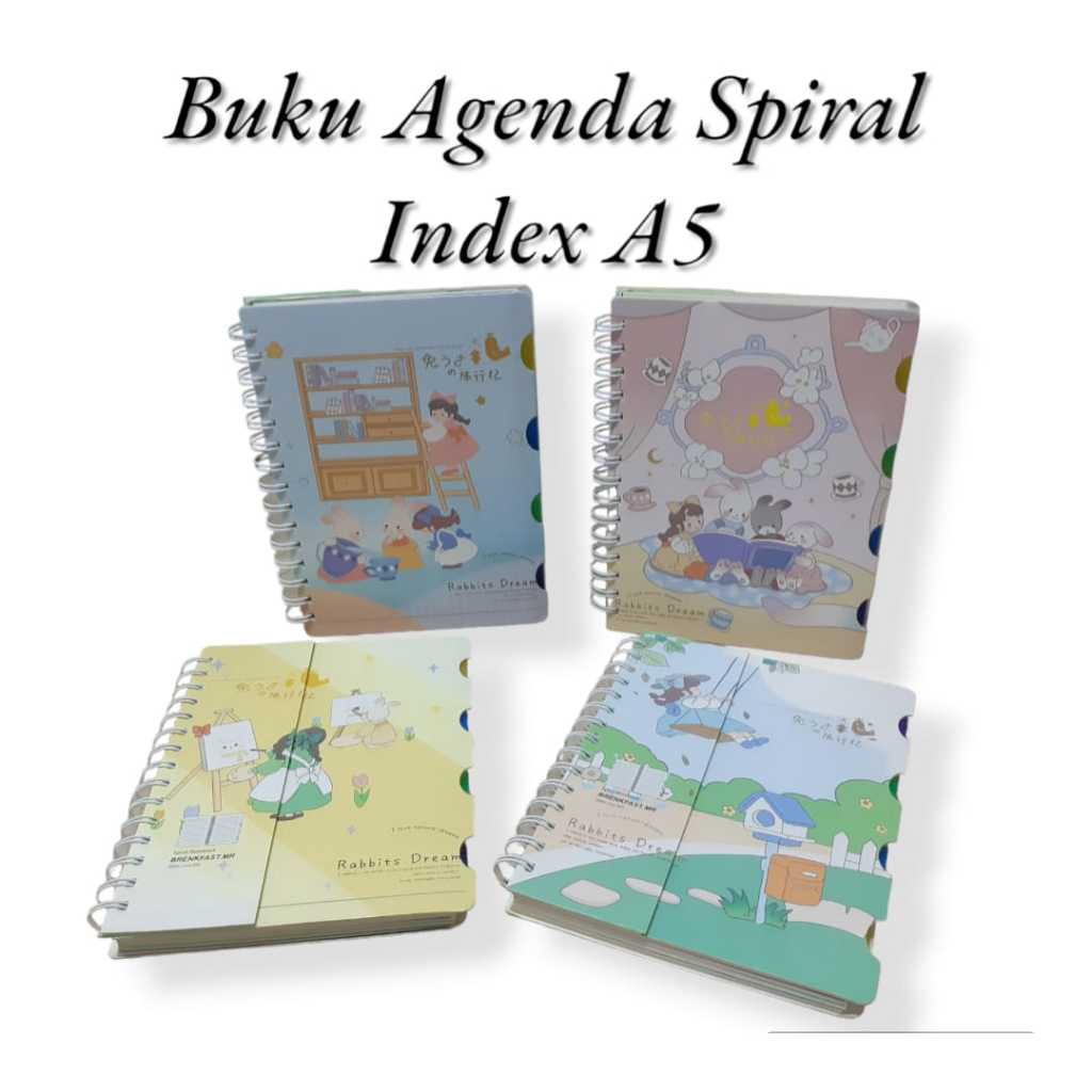 

BUKU DIARY SPIRAL HARD COVER UKURAN A5 DENGAN INDEX KARAKTER KARTUN RABBITS DREAM