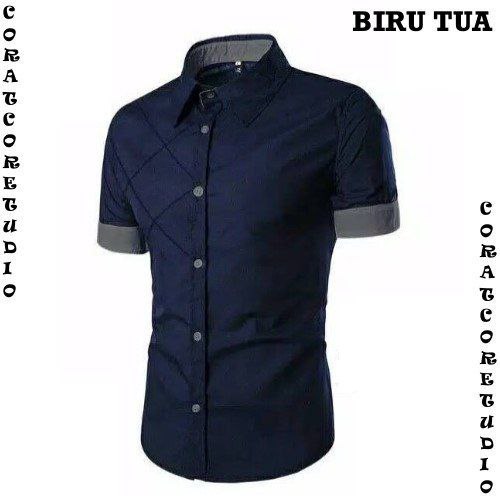CORATCORET Kemeja Pria Hem Cowok Jumbo BigSize Pendek Garis Polos