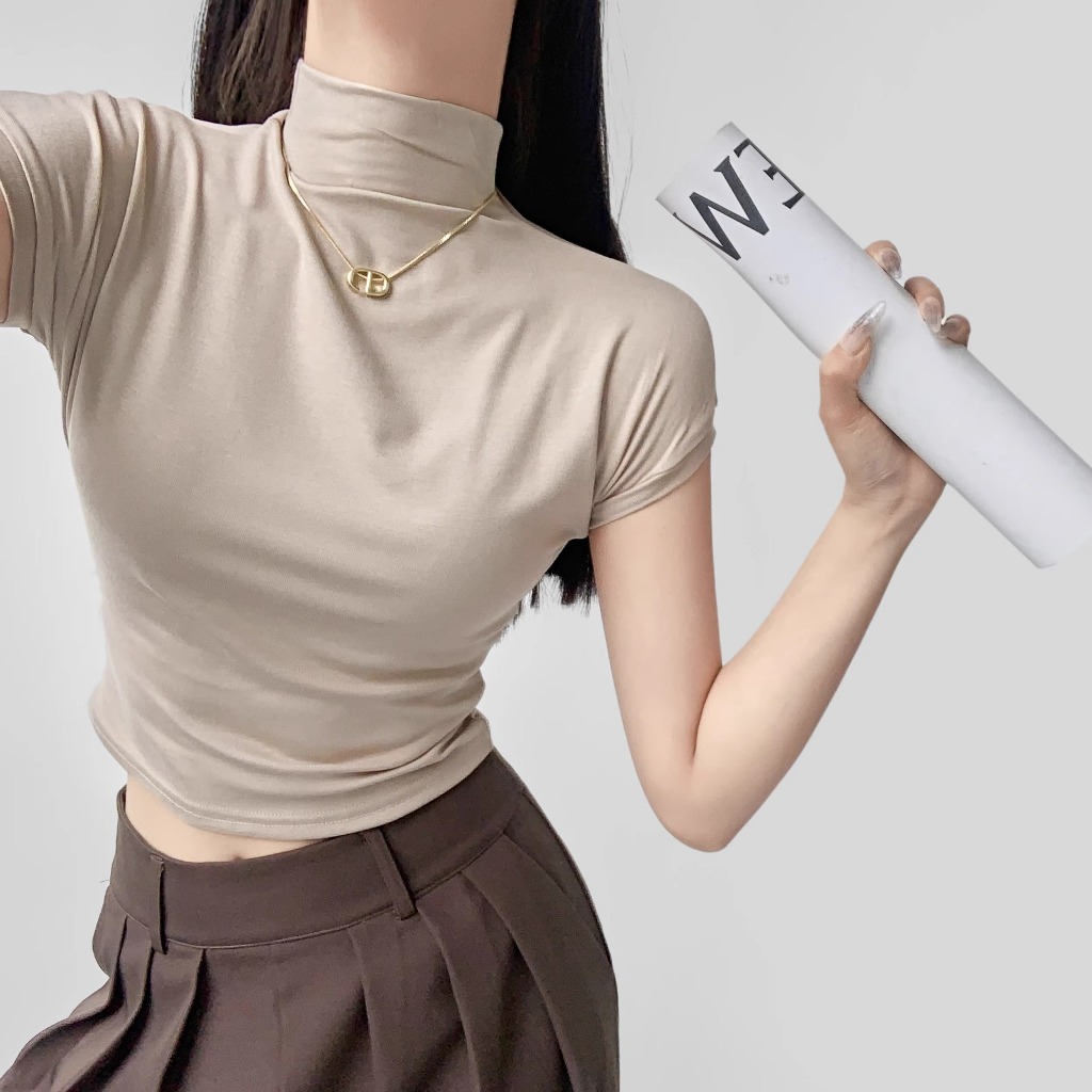 [Premium] Korean Wanita Sexy Lengan Pendek Setengah Turtleneck Polos Kaos / Kaos Atasan Wanita Terba