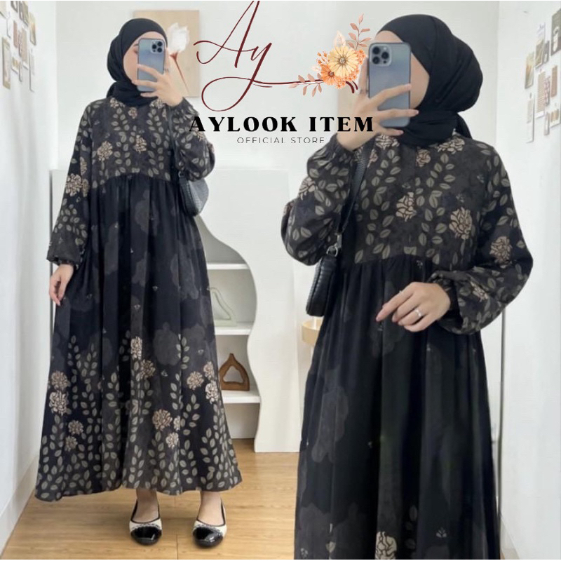 MIDI DRESS WANITA RAYON  / GAMIS RAYON ADEM BUMIL BUSUI FRIENDLY JUMBO-Malika Hitam