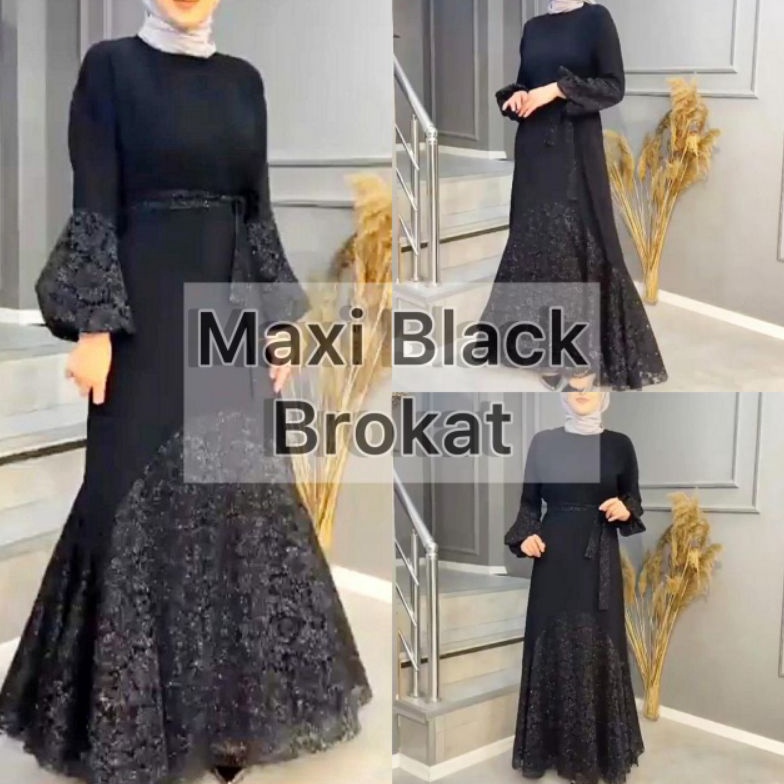 Terkini Abaya Dress Wanita Muslim Brukat Hitam Maxi Black Brokat 46
