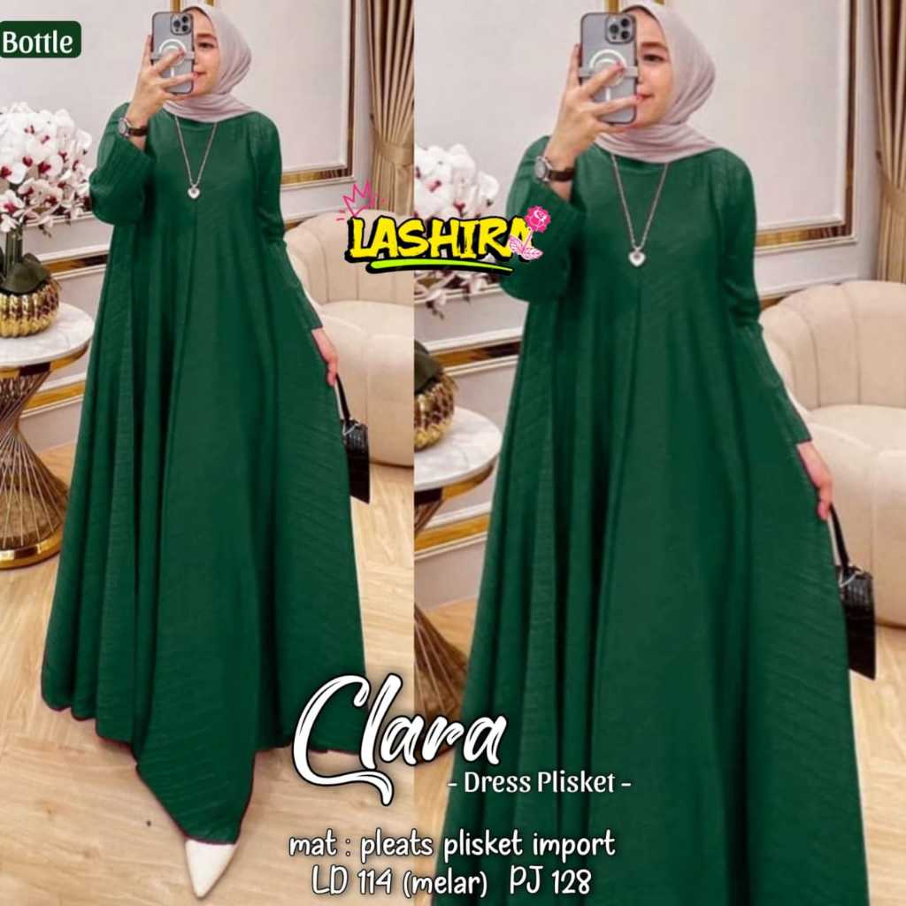 clara dress dres maxy maxi pakaian baju gaun gamis pesta lebaran bahan pleat plisket import melar wa