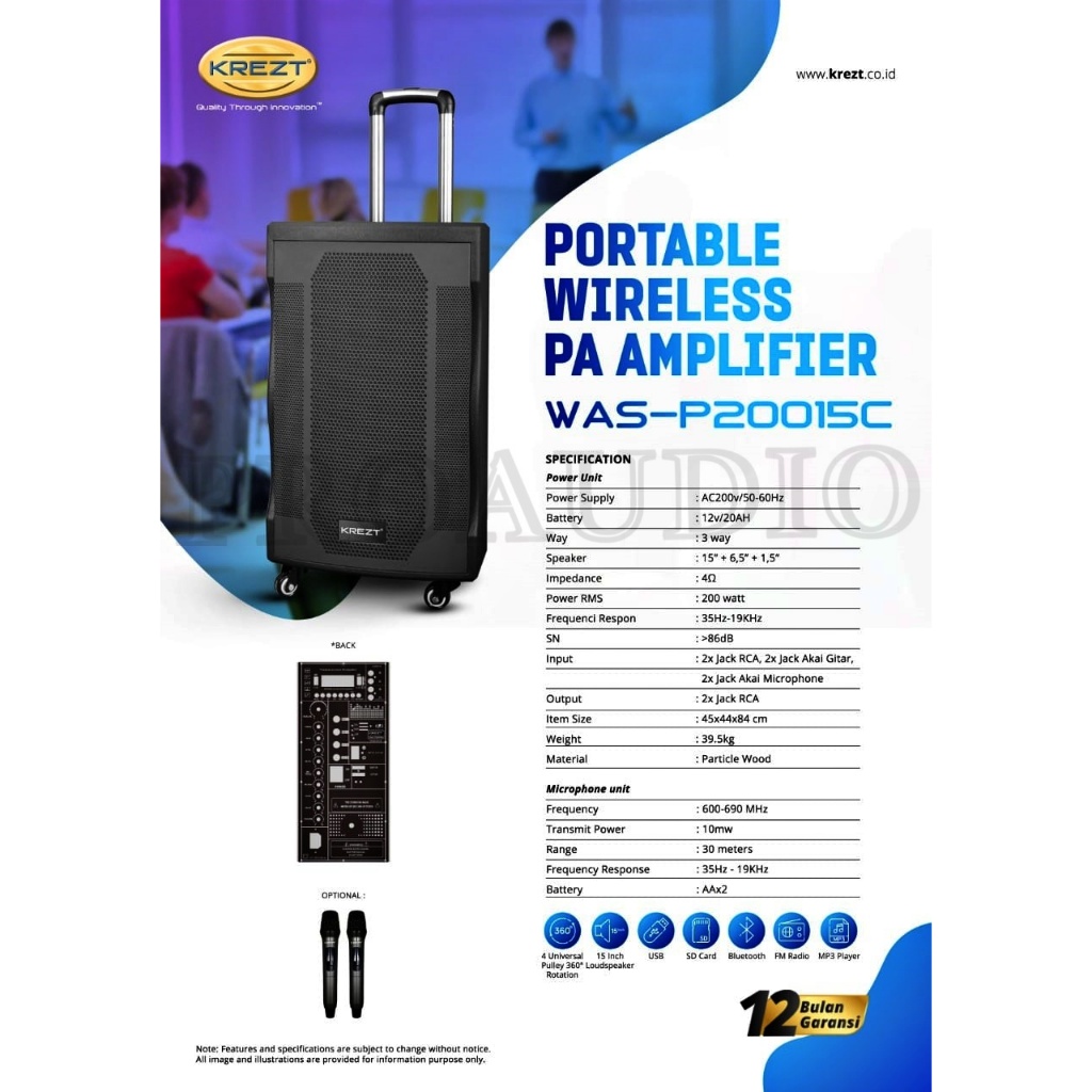 Speaker Portable 15 Inch Krezt Was P20015c /WAS-P20015C Original Krezt