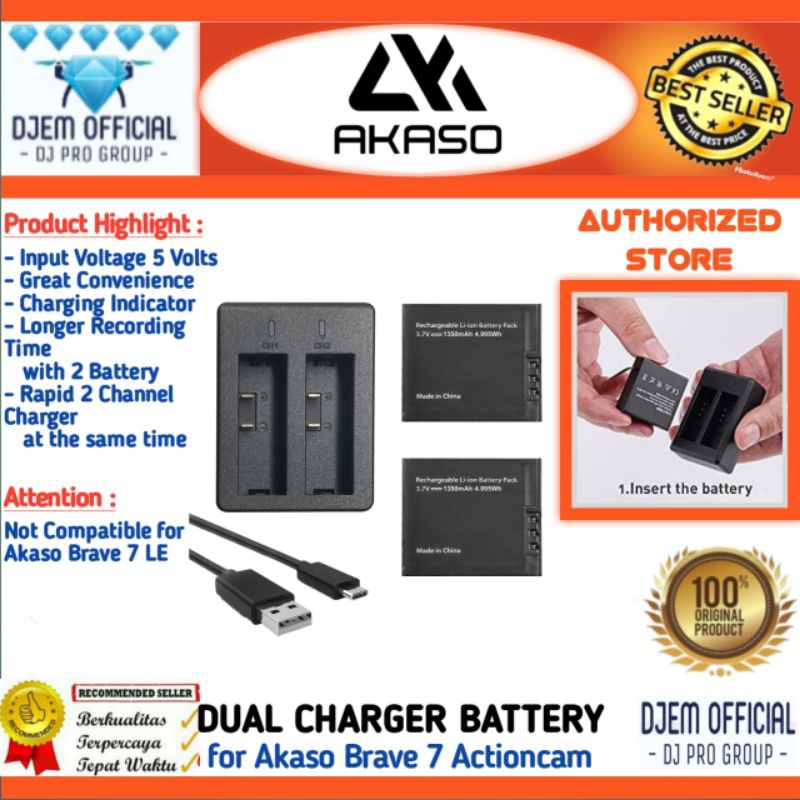 AKASO Brave 7 Dual Charger + 2 Battery Kit Camera Actioncam Akaso Brave7 4K Wifi Baterai Kamera Akas