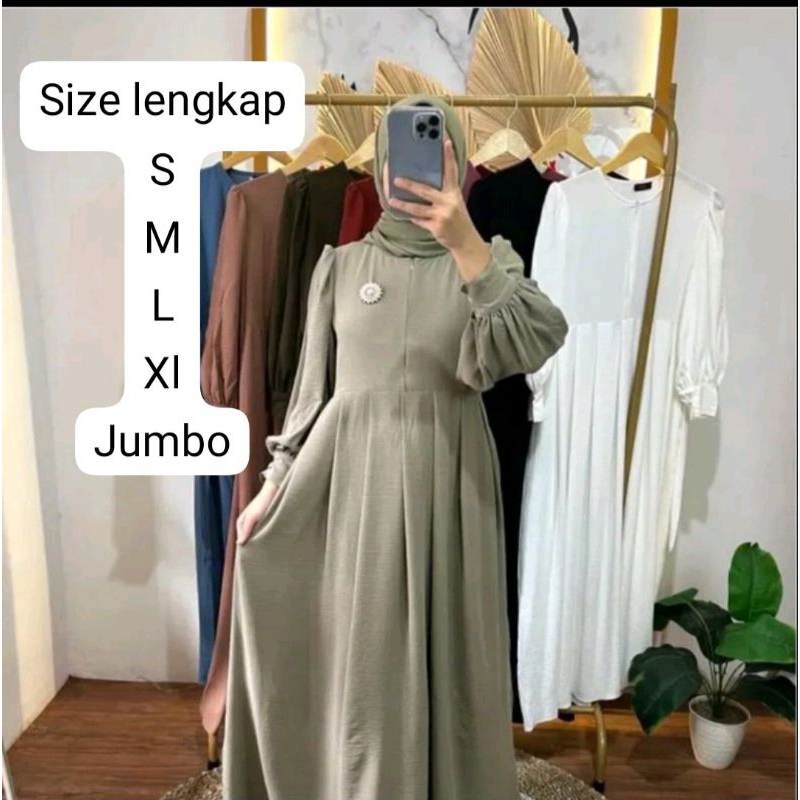Zaskia Dress Kain Crinkle Gamis Muslim Flowly kantong Airflow Nyaman  Balon
