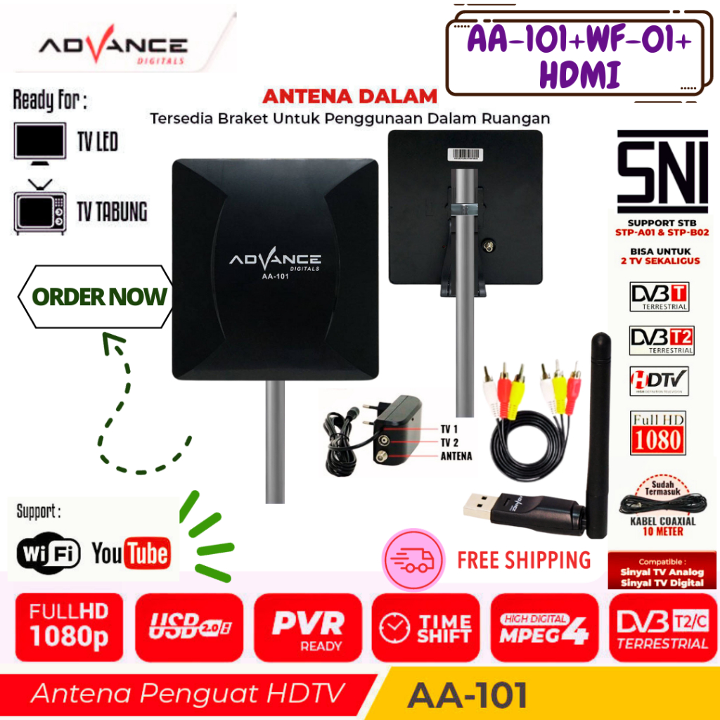 Advance Antena Dalam Dan Luar Ruangan Digital Analog DVB-T2 Support STB Untuk TV Tabung dan Digital