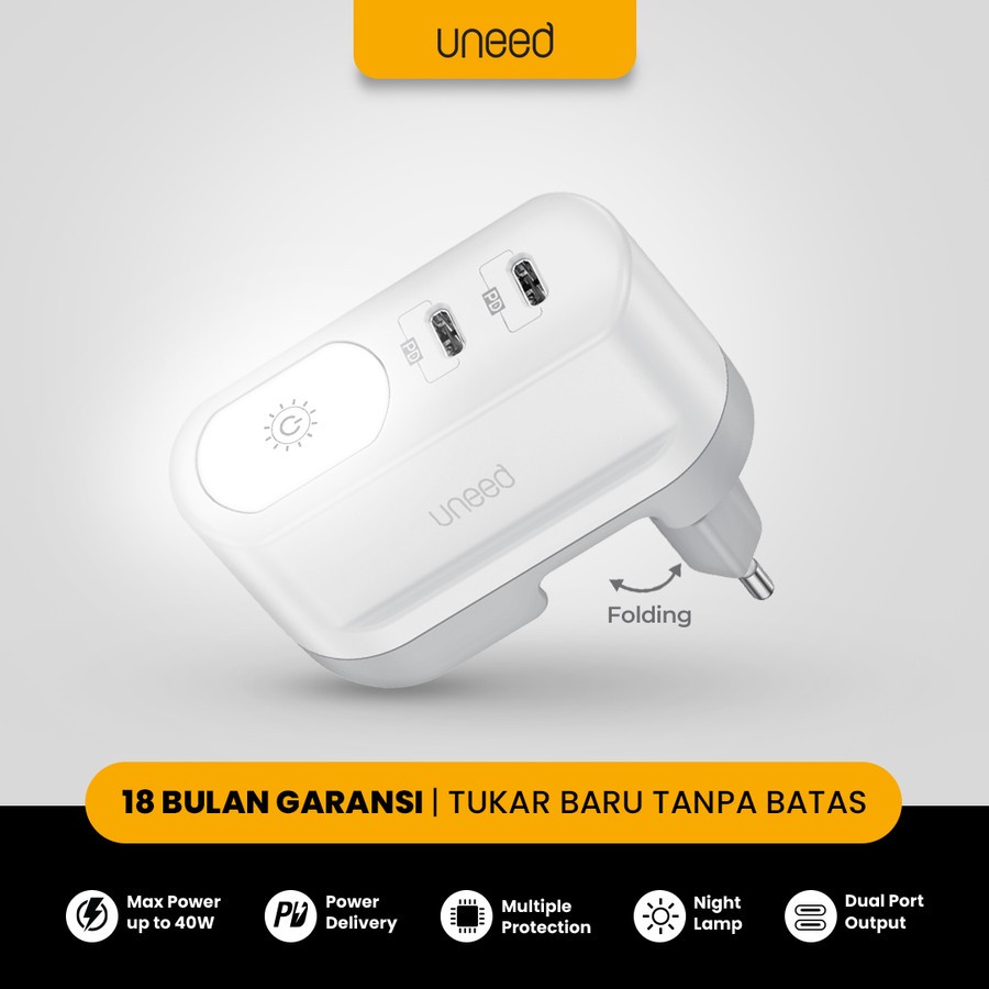 UNEED Charger Dual Port PD Quick Charger 40W with Night Light - UCH123