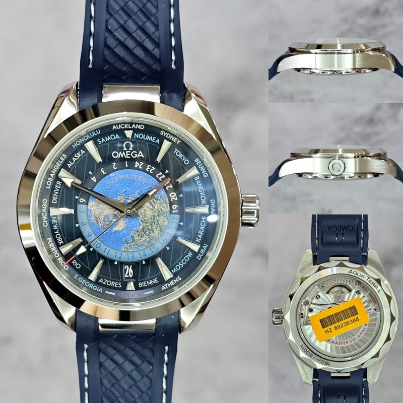 JAM TANGAN OMEGA WORLDTIMER PRIA/COWOK RUBBER NAVY SILVER AUTOMATIC SWISS 8938 CLONE DIAMETER 43mm #