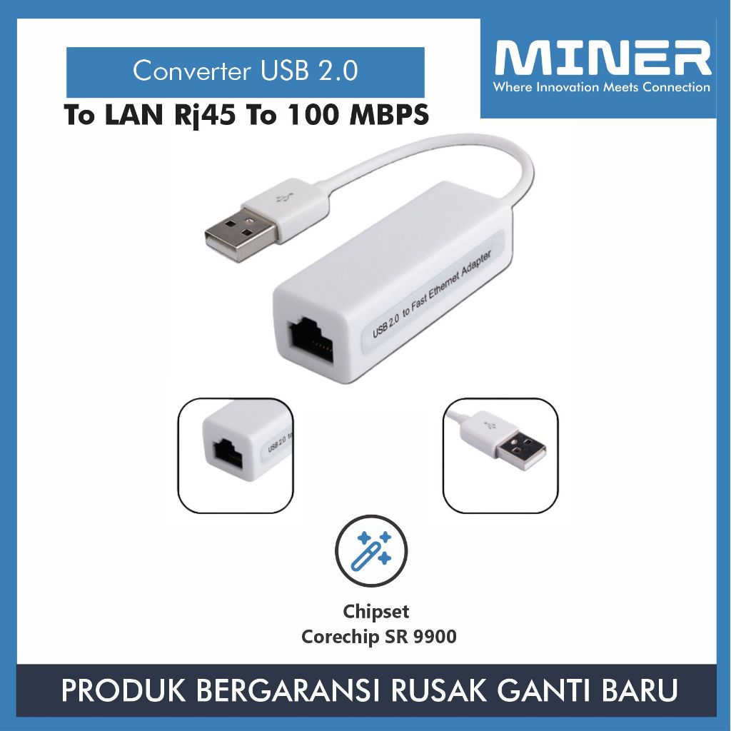 MINER USB 2.0 To LAN Ethernet Adapter Chipset Corechip SR9900 Up to 100Mbps Kualitas Premium
