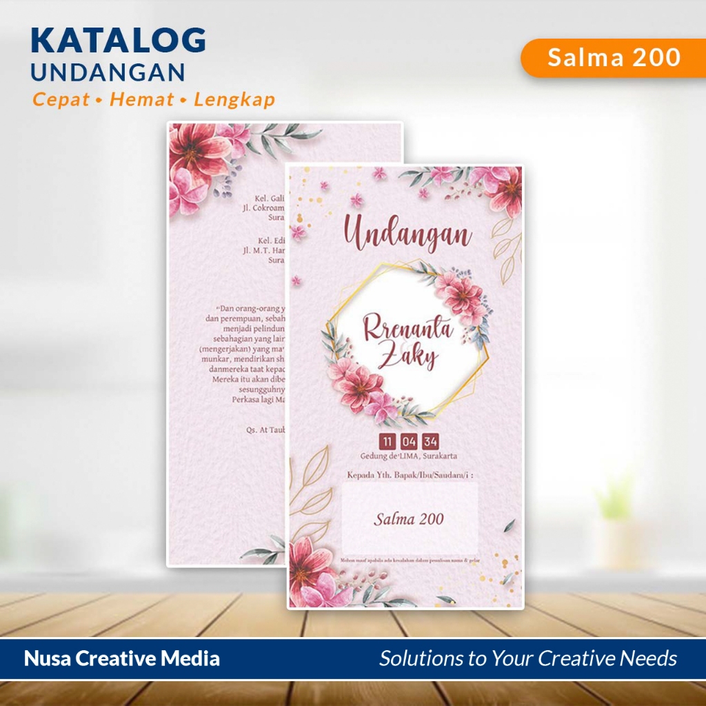 

CETAK UNDANGAN PERNIKAHAN Salma 200/201/202 - Cepat Hemat dan Berkualitas (Free design, plastik opp, packing) Kertas Cards