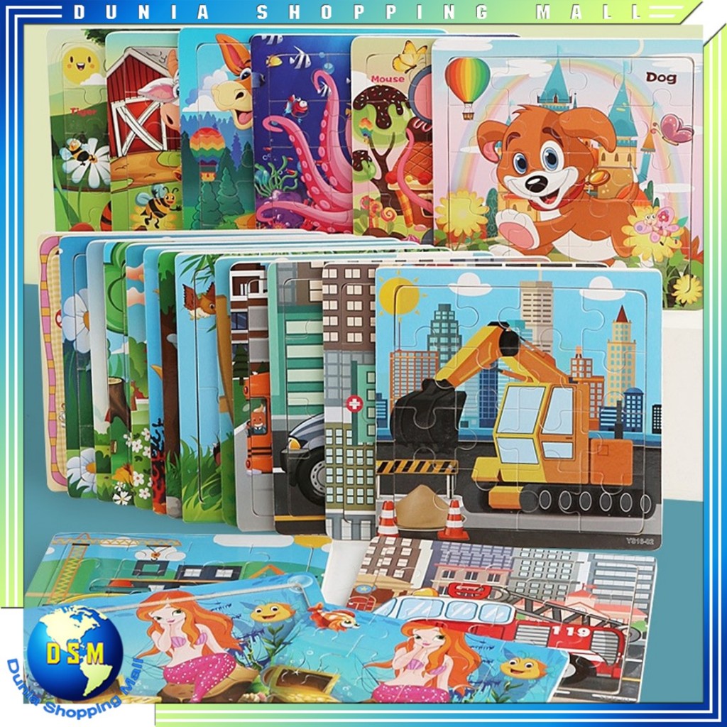 DSM Puzzle Anak Melatih Kecerdasan Puzzle Jigsaw 9 Pcs Wooden Puzzle Mini Kayu Anak Karkater Hewan D