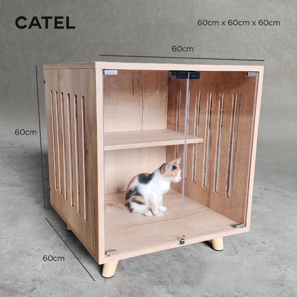 CATEL Rumah Kucing Minimalis kayu dengan Kaca / Tempat Tidur Kucing / Kandang Kucing Kayu / Rumah Ma