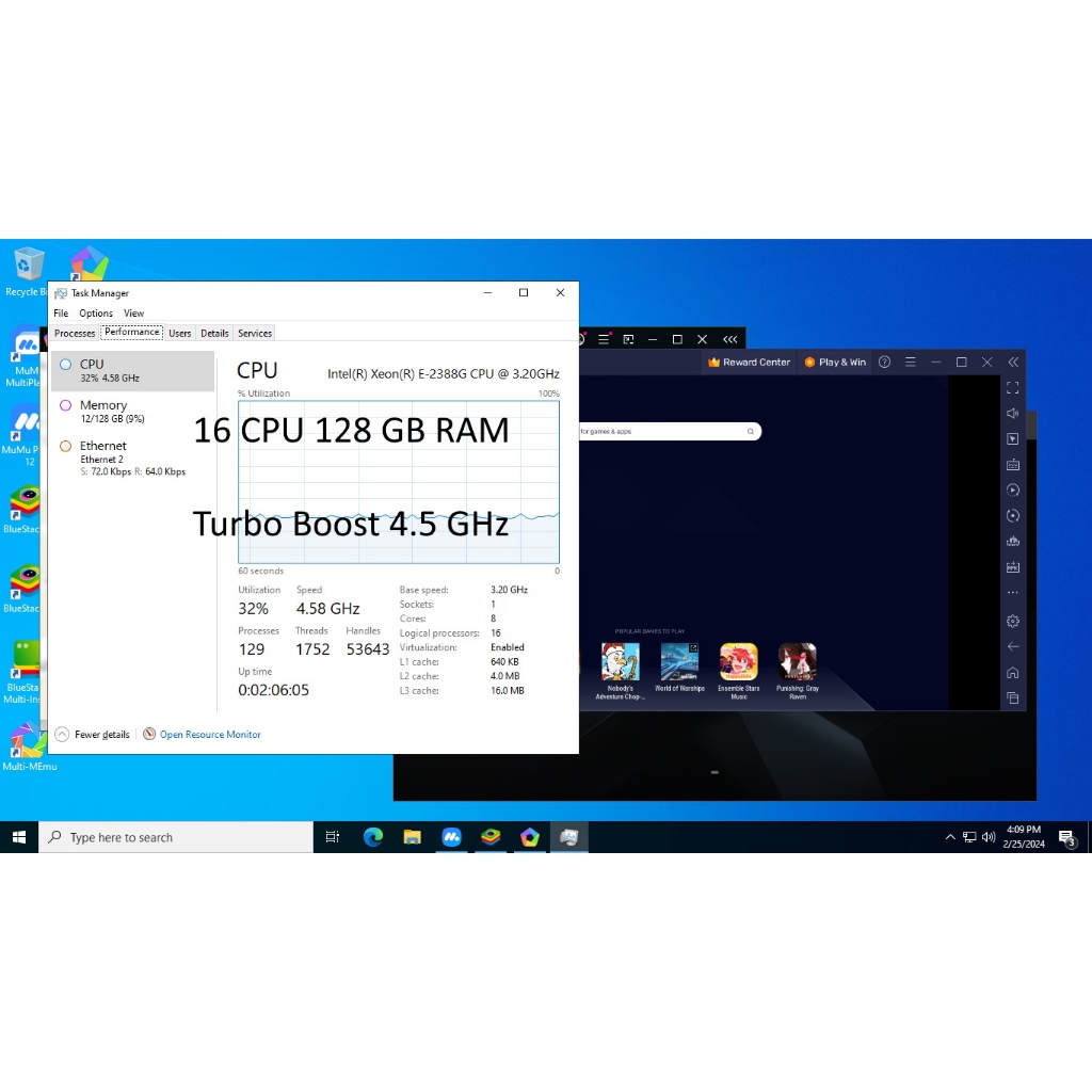 BARE METAL RDP,Support Emulator,VPN,Bot,OBS, Spek 16 CPU  4.5Ghz Turbo Boost 128GB RAM 4TB NVMe SPEE