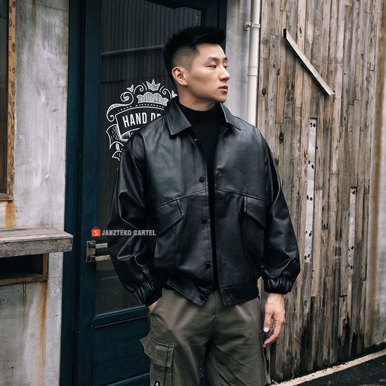 JNK x MINJON  Jaket Pria Bomber Tactical Oversize Retro Bahan Semi Kulit Sintetis Viena Faux Synthet
