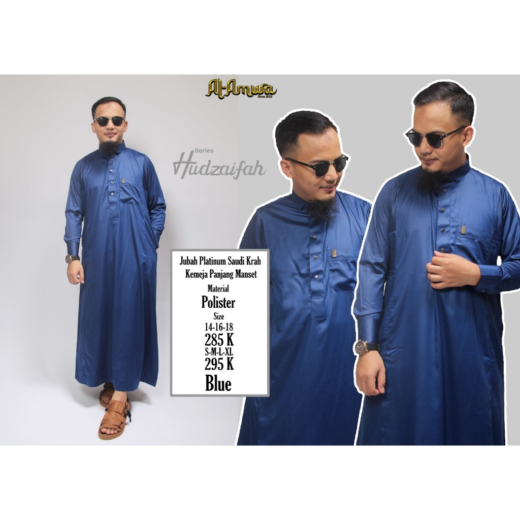 jubah pria kerah kemeja semi formal al amwa platinum hudzaifah lengan panjang manset