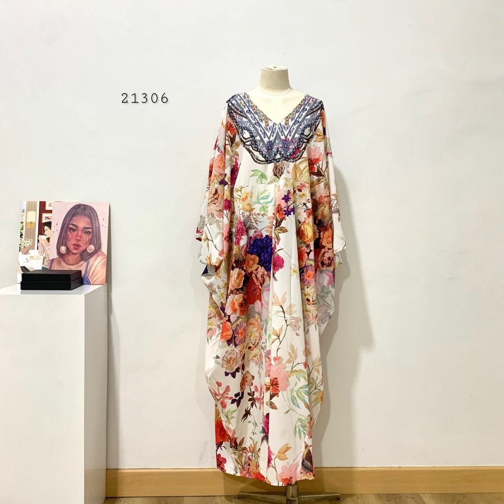 LONG MAXI KAFTAN SLIKY JRY MOTIF PRINTING VARIASI MOTIF BUNGA ABSTRAK KAFTAN V NECK PREMIUM WANITA T