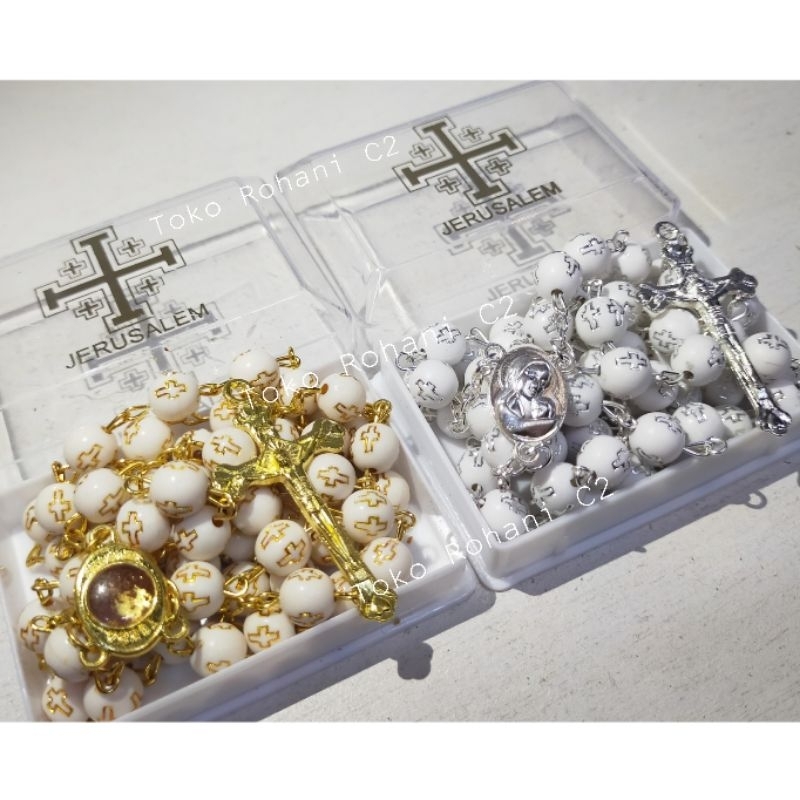 Rosario Gambar Salib Gold / Silver 8mm + Box Jerusalem - Rosario Jerusalem - Rosario Tanah