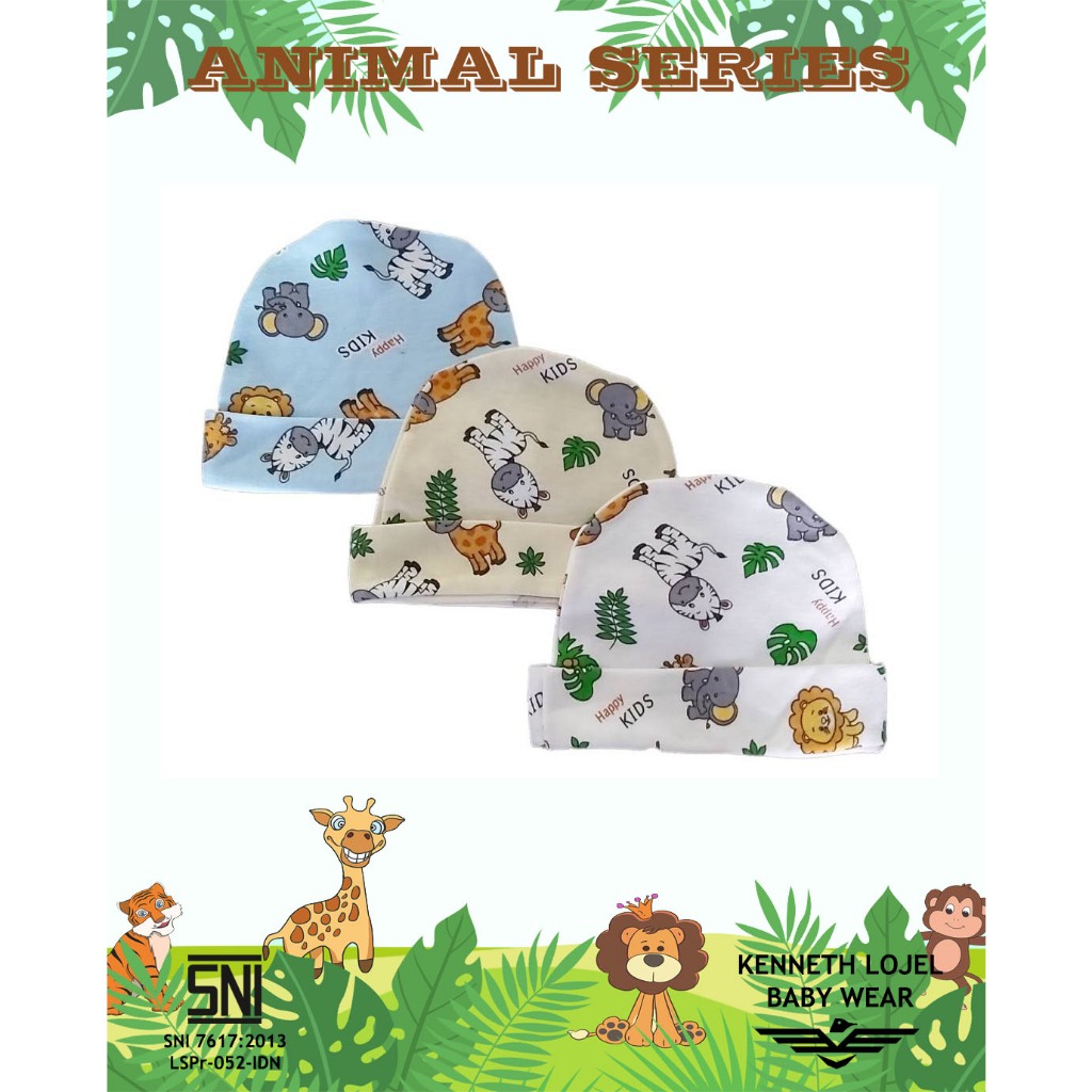 Topi Set dengan Sarung Tangan Dan Sarung Kaki Bayi Motif Animal Merk Kenneth Lojel SNI