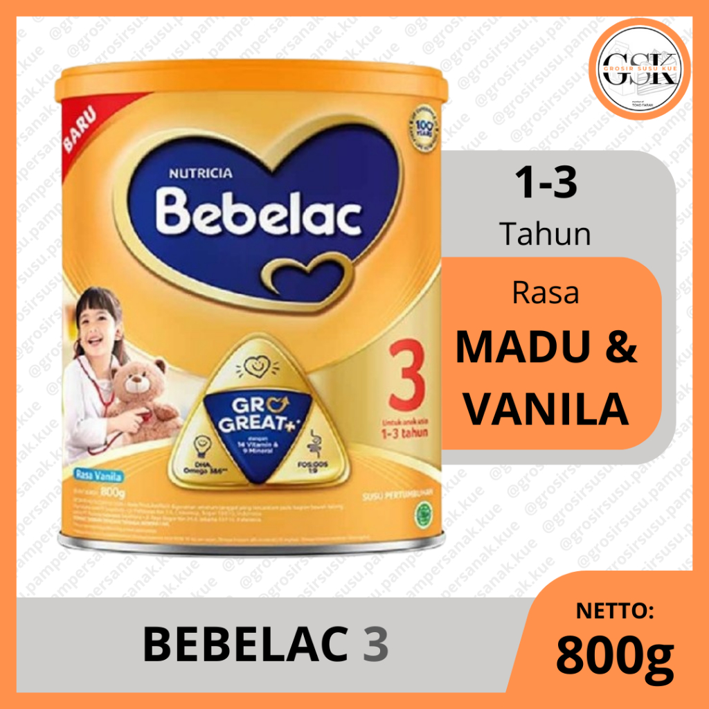 BEBELAC 3 800gr Madu & Vanila | Susu Anak 1-3 Tahun | Susu Formula 1+ Susu Pertumbuhan Anak 1 Tahun
