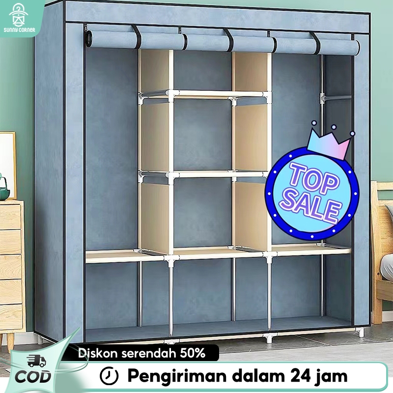 Lemari Pakaian Kain Lemari baju jumbo Lemari 3 Sekat resleting Portable