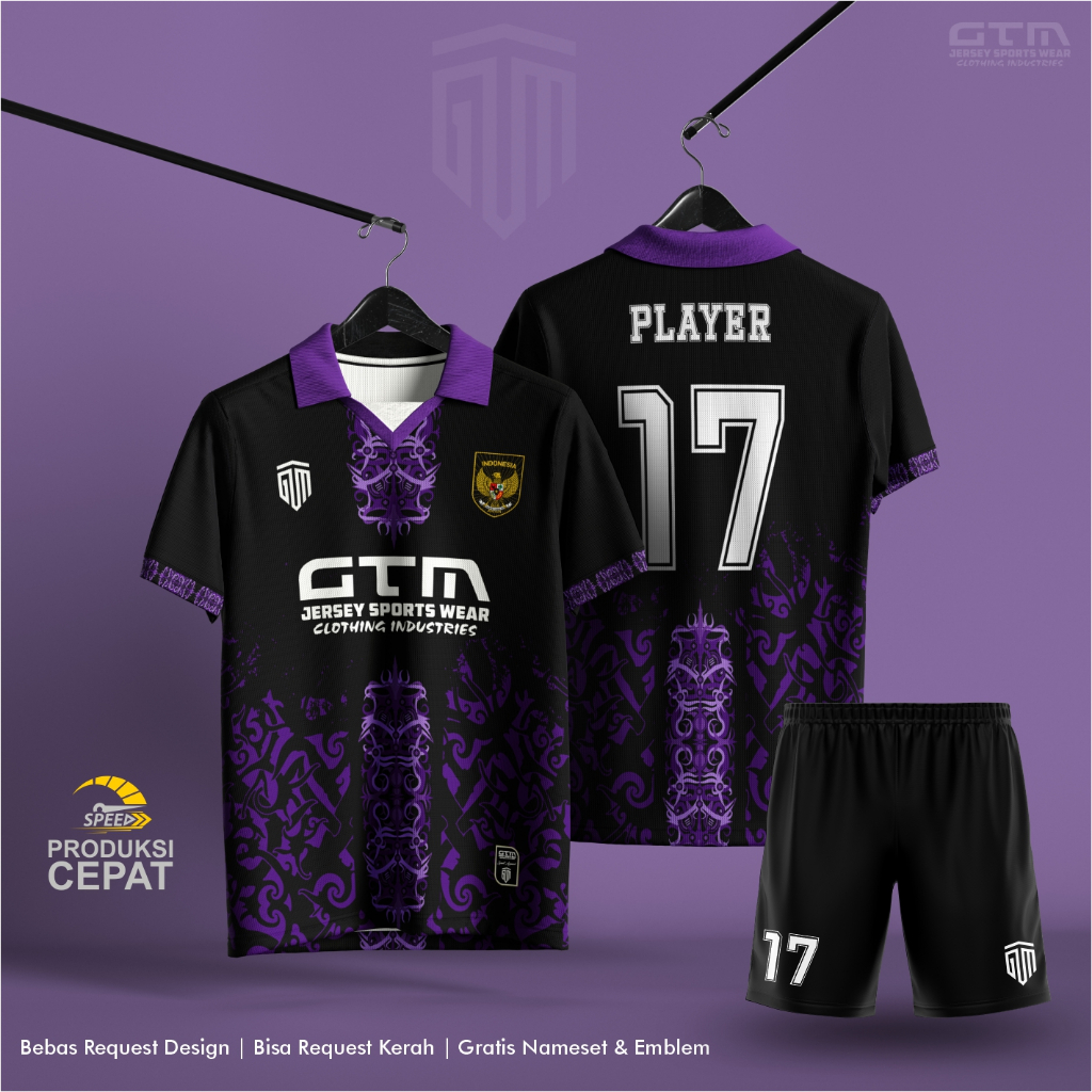 JERSEY BOLA FUTSAL HITAM UNGU MOTIF BATIK KERAH RETRO ~ FREE CUSTOM DESIGN GTM