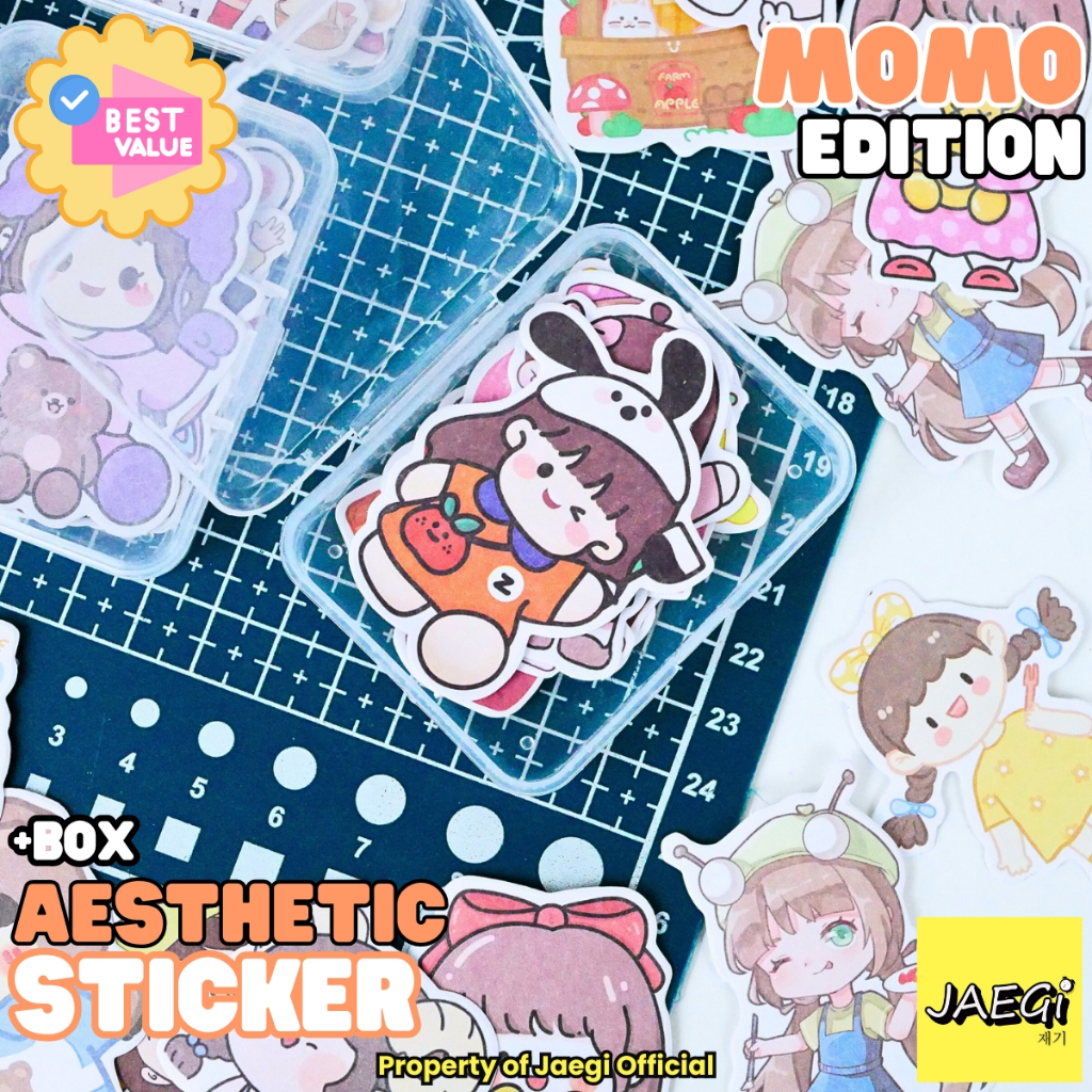 

JAEGi - Mini Aesthetic Paper Sticker + Premium Transparent Box isi 15 Lembar Momo Edition