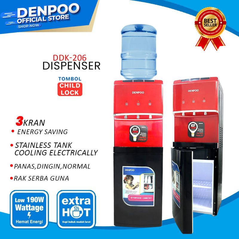 Dispenser Denpoo Galon Atas Kompresor 3Kran Box Kabinet -DDK 206 (Daya 190W)
