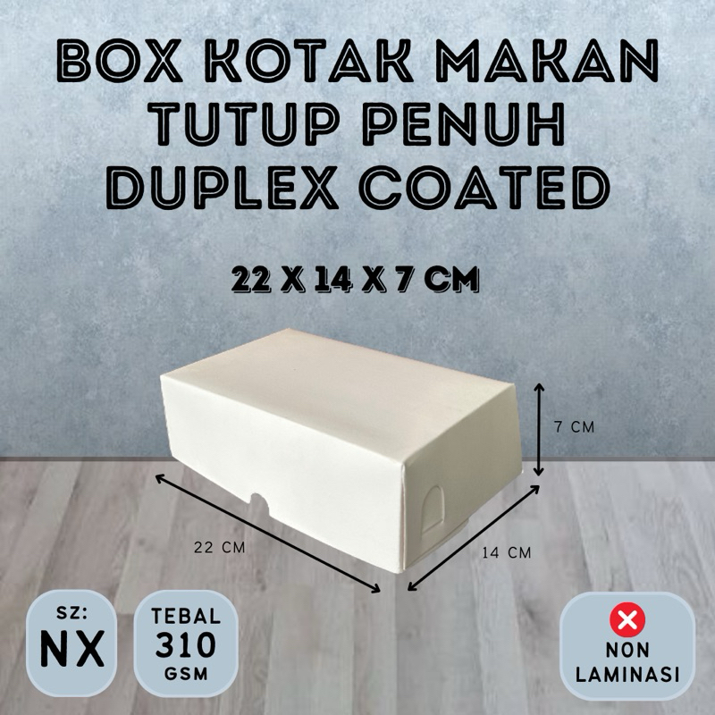 

Box Kotak Makan Kotak Nasi (NX) Tutup Penuh Duplex Coated Putih Polos Ketebalan 310gsm ukuran 22x14x7 cm | Kotak Kue - Kotak Hajatan - Kotak Tonjokan