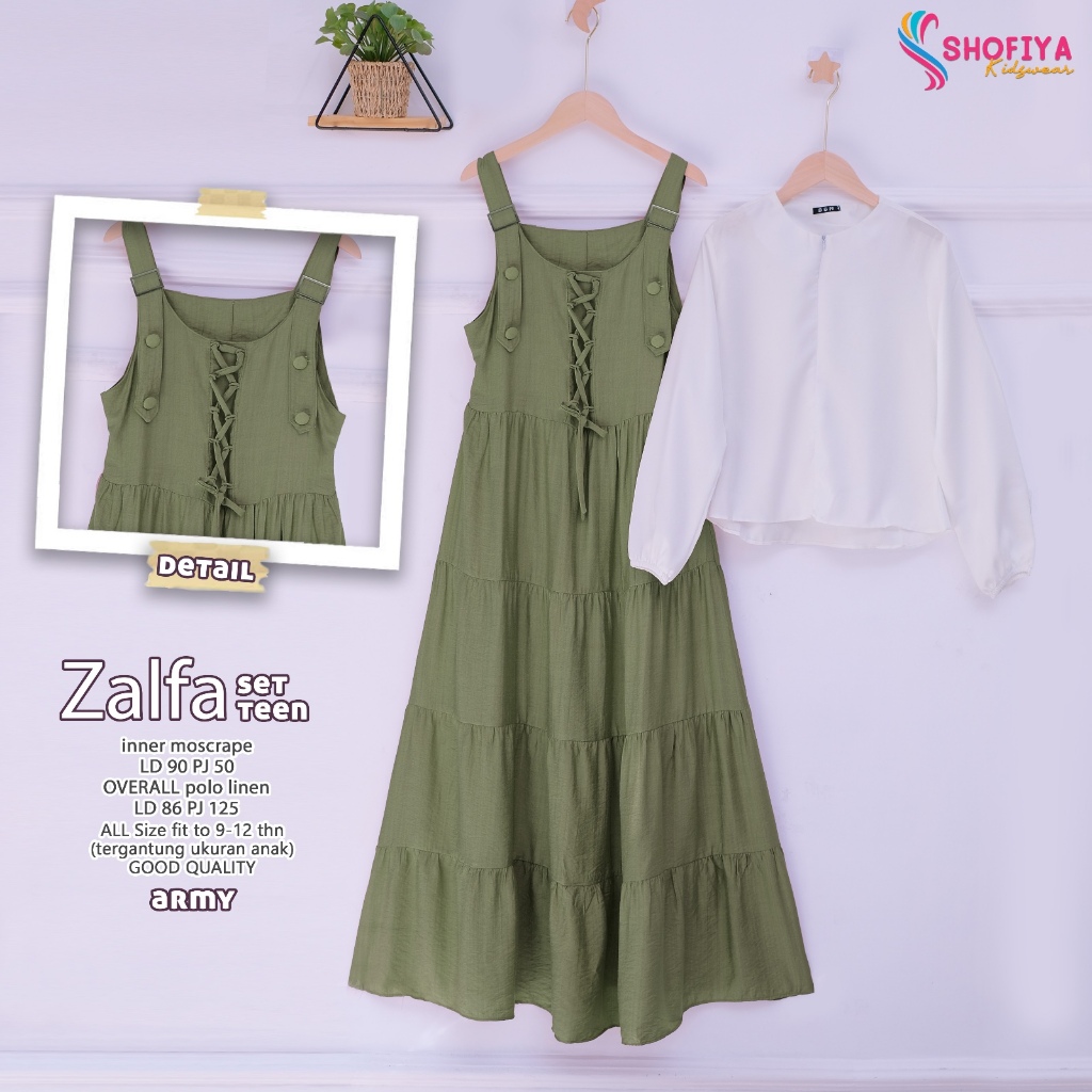 zalfa gamis dress baju pakaian busana overal moscrep polos set inner 9-12 thn anak perempuan terbaru