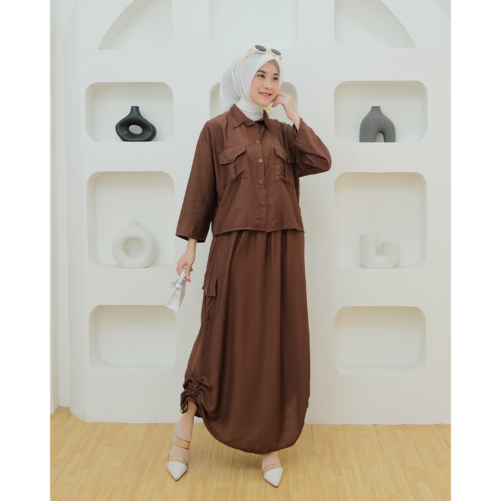Setelan rok cargo dan atasan 1set polo linen polos