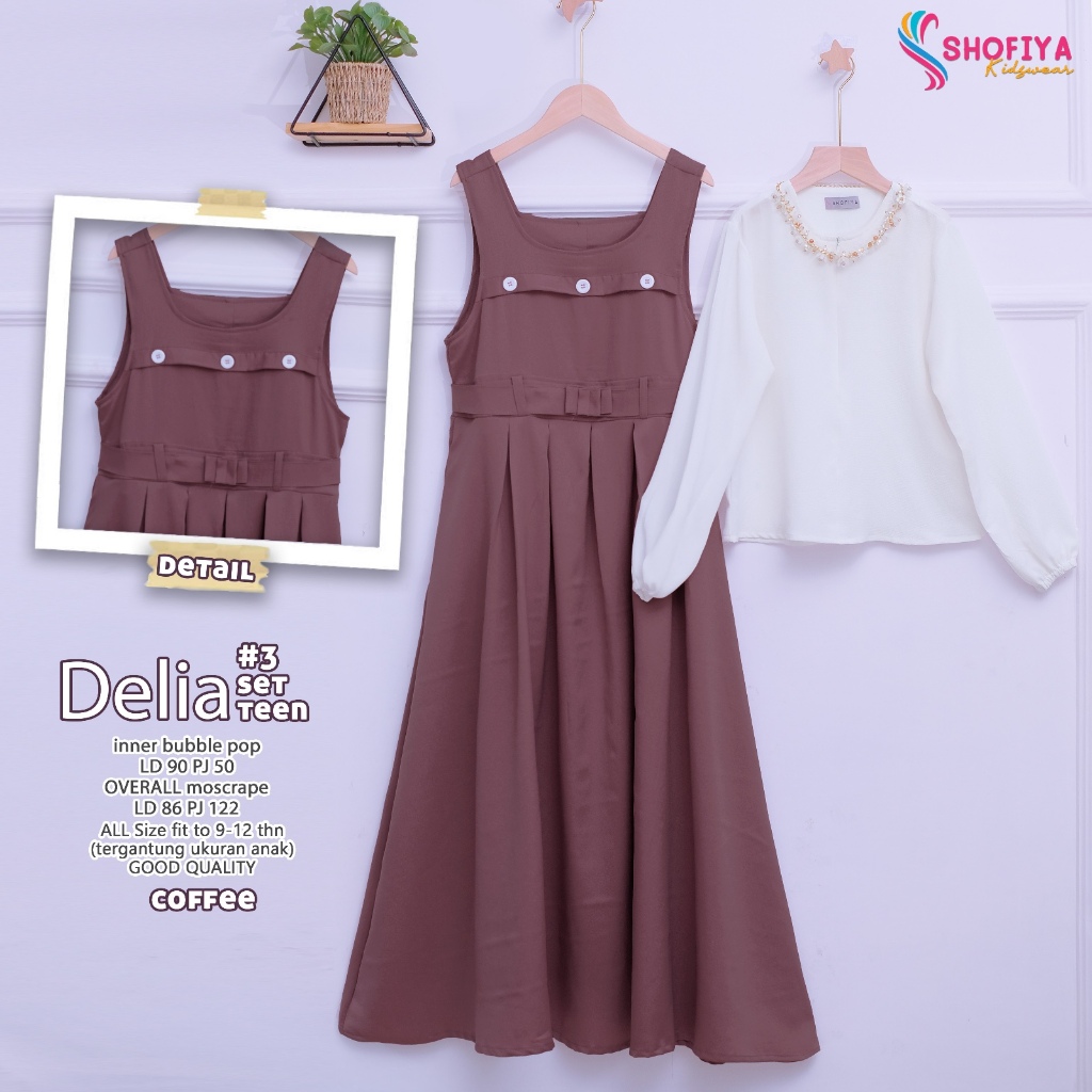 delia3 gamis dress dres baju pakaian busana overall moscrepe motif polos setelan set 2in1 inner rayo