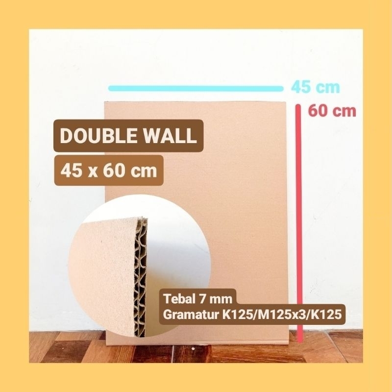 

kardus lembaran double wall 45 x 60 cm, tebal 7mm, karton sheet packing