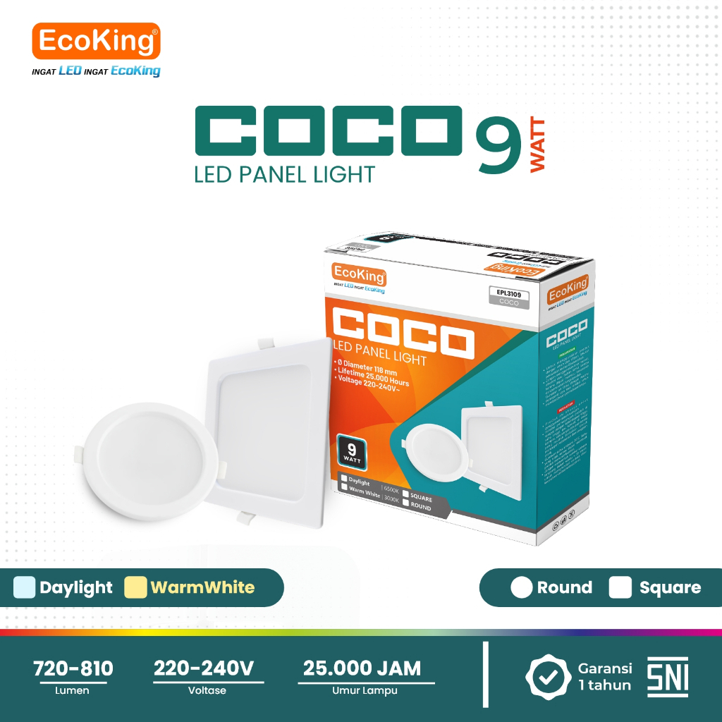 EcoKing LED Coco Panel Light Downlight Lampu Plafon Rumah 9W 3.5 Inch Square / Round Cahaya Putih / 