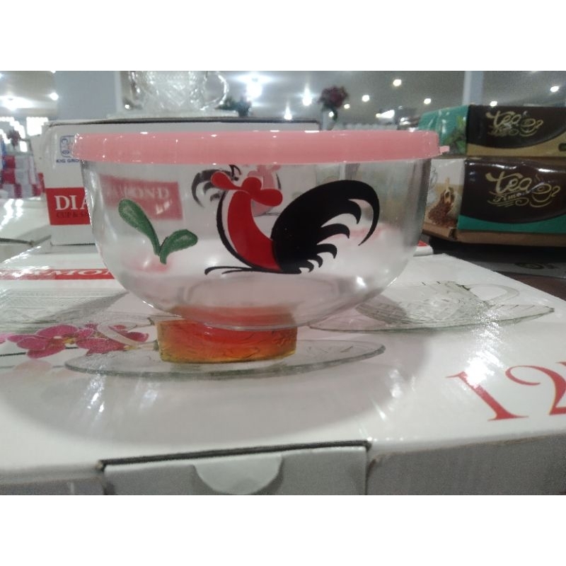 mangkok kaca bertutup motif ayam jago