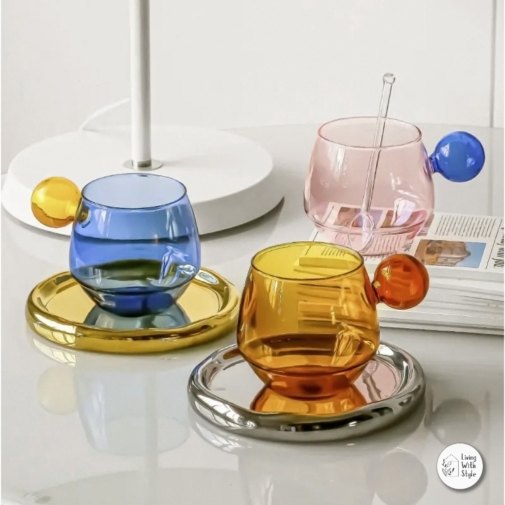 Living With Style - Glassique Glass Cup Set Colourful / Gelas Cangkir Kaca Aesthetic Include Piring 