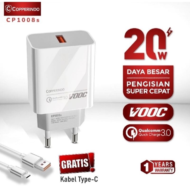 Charger Type C (COPPER CP1008 Single Port Charger Up to 20 Watt)