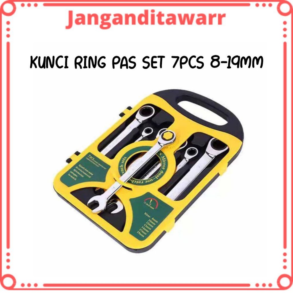 Kunci Ring Pas Set 7 Pcs Kunci Ring 8-19mm Wrench Rachet Kunci Ring Pas Rachet Set 7 Pcs 8 19 MM