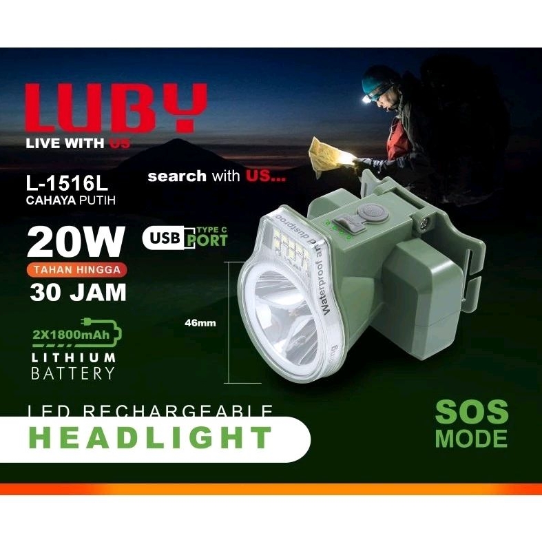 senter kepala Luby L1516L L 1516L 20watt 20w cahaya putih L 1516 L1516